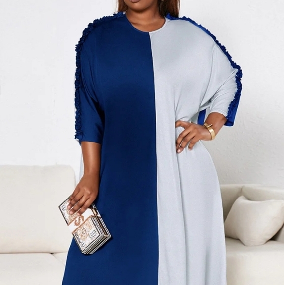 Plus Size Color Block Long Sleeve Casual Mini Dress